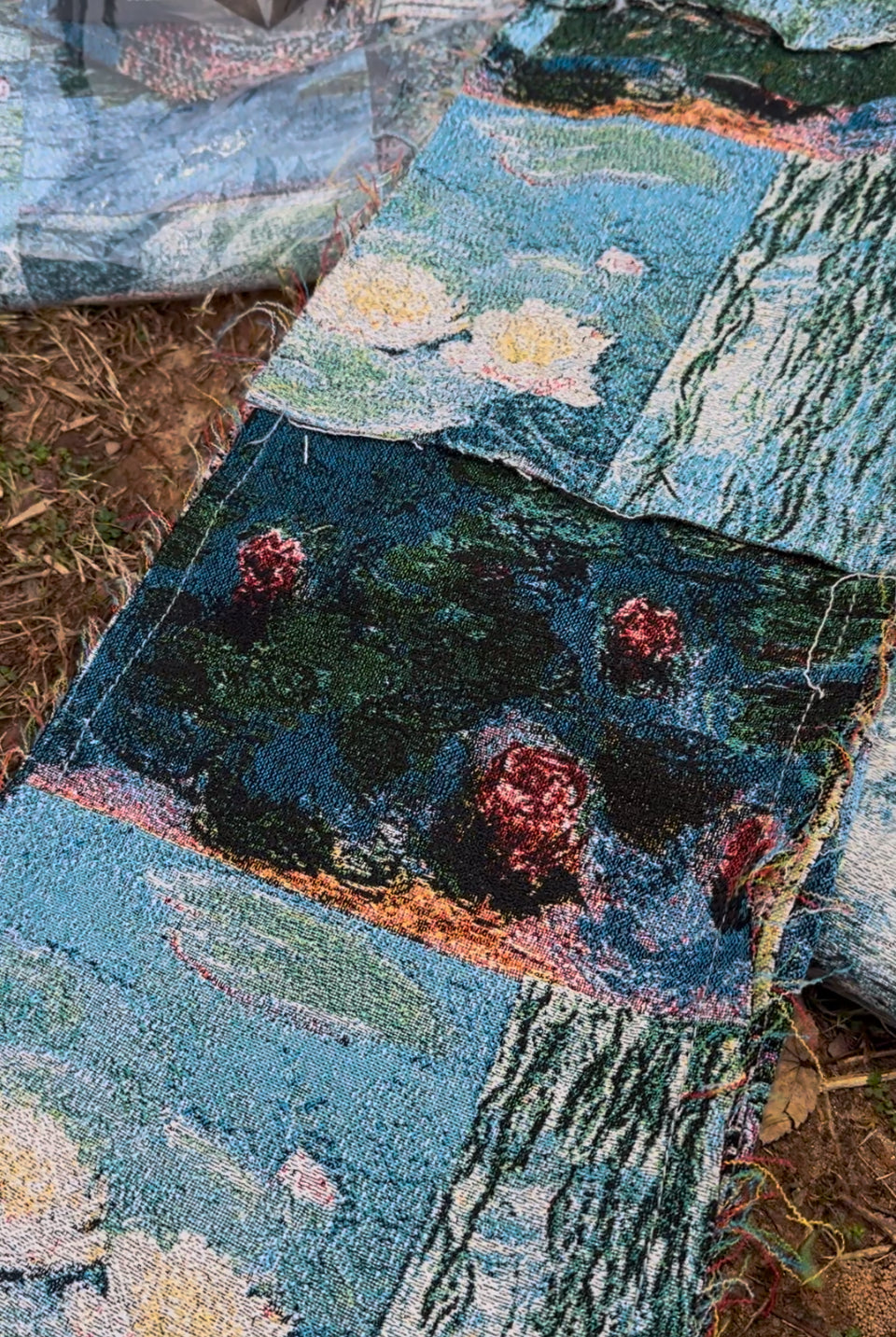 Stacked and flared tapestry jeans