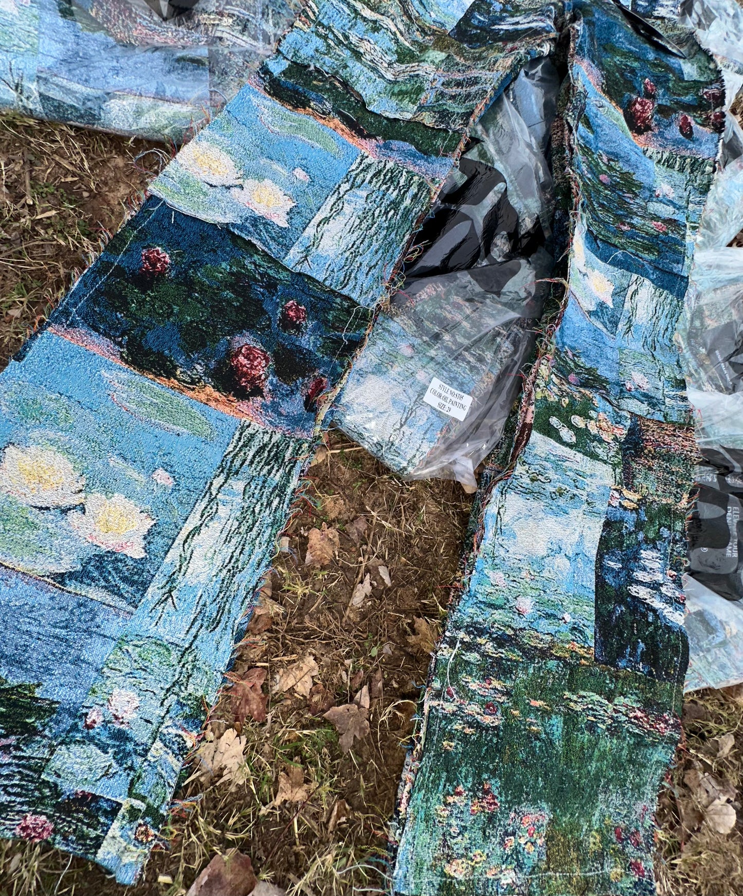 Stacked and flared tapestry jeans